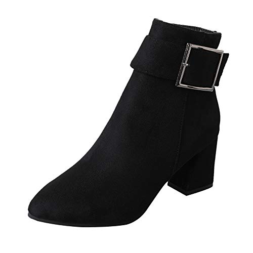 ❤Kauneus❤ Women's Faux Suede Pointed Toe Chunky Mid Heel Ankle Booties Buckle Strap and Zip Fashion High-Heeled Winter Boot Black