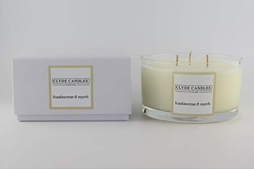 Clyde Candles Natural Soy Scented Candle - Three Wick Large White Glass in A Gift Box (Frankincense & Myrrh)