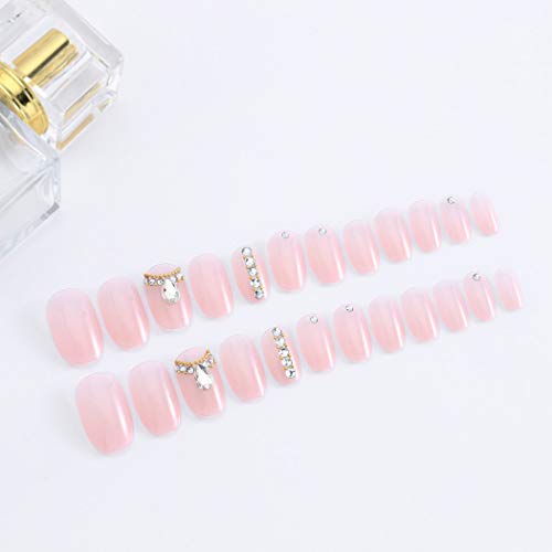 Yalice 24Pcs Pink Glossy False Nails Crystal Full Cover Medium Oval Fake Nails Nude Wedding Party Nail for Women and Girls