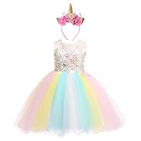 Weileenice 2-14T Girls Costume Cosplay Dress Rainbow Tulle 3D Embroidery Beading Princess Dresses (7-8Years, Ivory/Rainbow(with Headband))