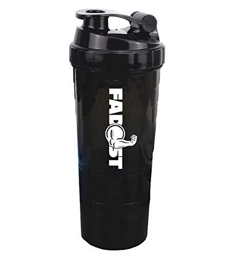 Protein Shaker mit Pulverfach und Pillenbox - Fadost Tower - 3 in 1 - BPA-frei, garantiert auslaufsicher, 600ml (skaliert bis 500ml), Fitness Gym Eiweißshaker