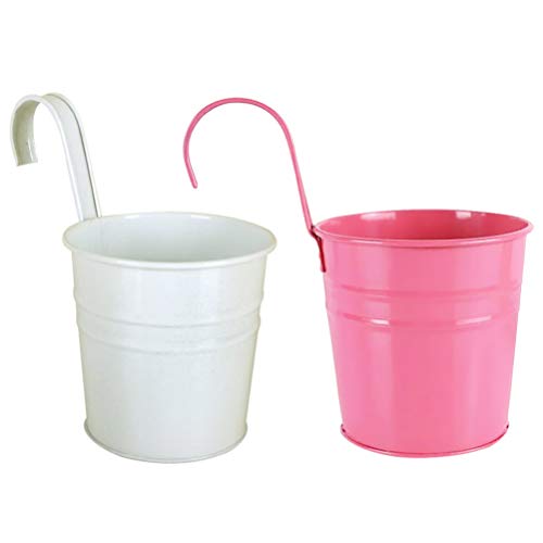 BESPORTBLE Hängetopf Balkon Metall Blumentopf Vase Vintage Blumeneimer Pflanzkübel Pflanztopf zum Hängen Übertopf mit Haken für Garten Balkon Dekoration Wanddeko Rosa Weiß 2 Stück