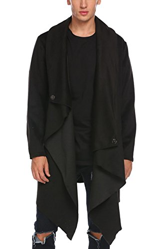 Coofandy Men's Wool Overcoat, Long Turtle Cardigan Shawl Collar Business Winter Coat, Black, Small