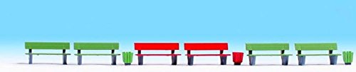HO Scale Modern Benches -- 4 Green Benches, 2 Red Benches, 3 Garbage Cans