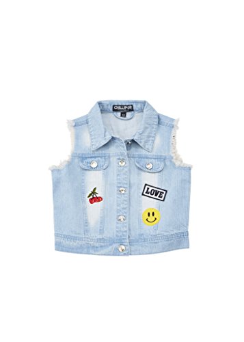 [A33711-DNM-14/16G] Chillipop Denim Vest for Little & Big Girls – Light Blue Wash with Patches