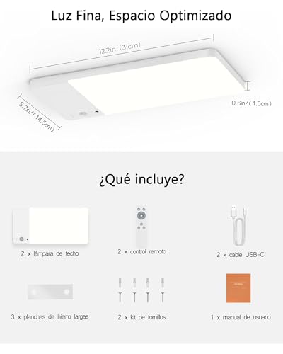 Lampara de Techo Recargable 12000mAh, 2 Pack Luz LED Inalámbrica con Sensor de Movimiento y Control Remoto, 3 Colores y Regulable, Luces para Cocina, Clóset, Baño, Pasillo, Recámara