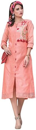 Urban India Women's Chanderi Silk Straight Embroidery Kurti Medium Peach