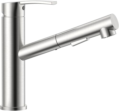 APPASO Kitchen Faucet, Brushed Nickel Kitchen Mixer Tap with Pull Down Sprayer 2 Modes, Single Handle Low Arch Bar Sink Faucet 1 Hole, S304 Stainless Steel No Rust