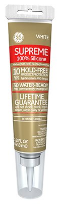 GE Supreme 100% Silicone 30 Min. Water-Ready caulk, 2.8 oz tube, White