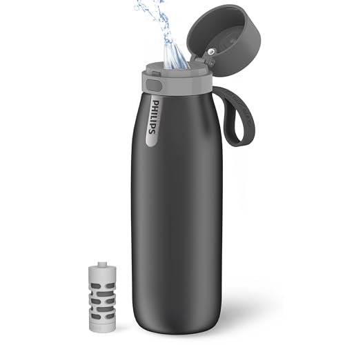 PHILIPS Water Bottle with Filter, Filter Water Bottle Stainless Steel with GoZero Everyday BPA-Free Tap Water Filter, Water Filter Bottle Keep Drink Cold 24 Hours, 1 Filter for 40 gal / 2 Months