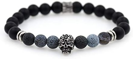 Carved Skull Bracelet Charms,8mm Natural Matte Black Onyx Beads,Healing Gemstone Bracelet Gift Men's