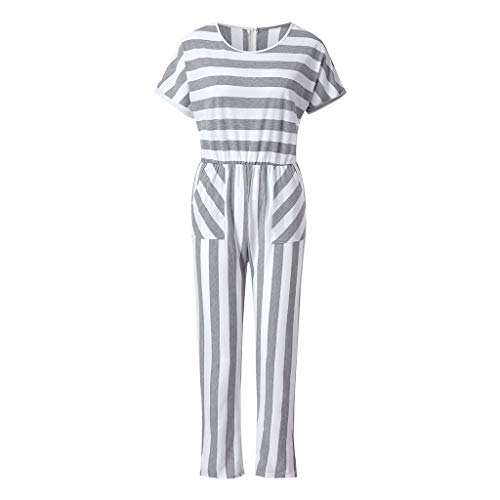 Corriee Rompers for Women Casual Summer Striped Short Sleeve O-Neck Long Jumpsuit Gray