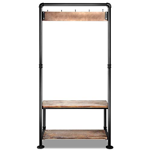 Diwhy Industrial Pipe Clothing Rack Pine Wood Shelving Shoes Rack Cloth Hanger Pipe Shelf Garment Rack with Wheel (Silver)