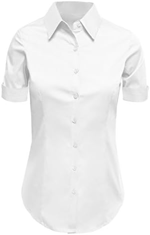 LA2NY Women's Tailored Short Sleeve Button down Shirts with Stretch (Small, White)