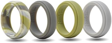 FluxActive Silicone Wedding Ring for Men (4 Band Pack) Lazer Edge Ultra Premium Design - Camo, Green, Dark Gray, Stone Gray (8, Lazer Edge - Highlander Camo, Olive Green, Charcoal Gray, Stone Gray)