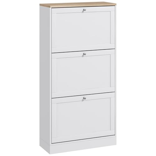 HOMCOM Narrow Shoe Cabinet with 3 Flip Drawers, Adjustable Shelves, White | Shoe Storage Cabinet, Hallway, Entryway, Holds 12-18 Pairs