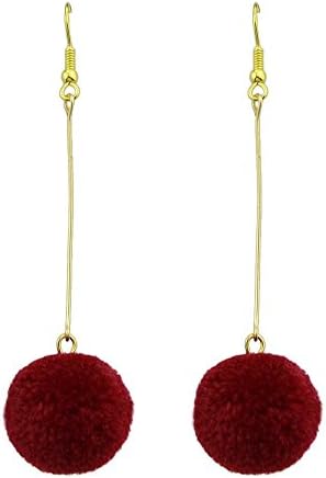 Feelontop Minimalist Long Sexy Gold Chain Colored Fuzzy Sweet Ball Dangle Earrings with Jewelry Pouch (red)