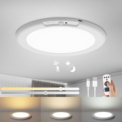 Leselux Motion Sensor Ceiling Light, 7.5" Battery Operated Sensor Light Indoor, 250LM 3 Colors Dimmable Ceiling Lights with Remote Control, Wireless Wall Lights for Garage Toilet Hallway