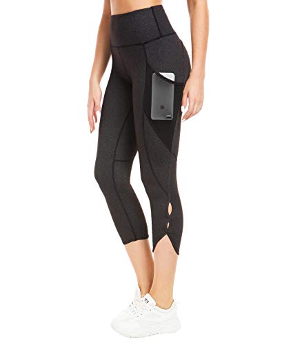 QUEENIEKE Women 22" Yoga Capris Mid Waist 3 Phone Pocket Running Tights Legging Size L Color 2019-Dark Charcoal Space Dye