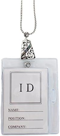Filigree Abalone Silver Tone ID Badge Holder Lanyard Necklace Trapezoid Shape