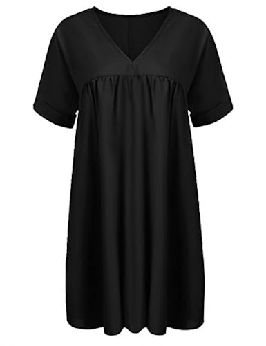 SE MIU Women's V Neck Loose Fit Pleated T Shirt Tunic Top Mini