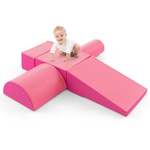 HONEY JOY 5-Piece Climb and Crawl Playset, Soft Climbing Foam Block Activity Play Structure Gym Equipment for Infant Baby, Color Coordination, Waterproof Indoor Climbing Toys for Toddlers (Pink)