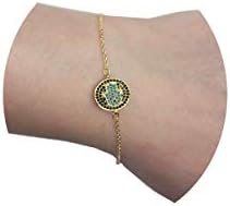 CZ Hamsa Bracelet,Evil Eye Bracelets for Women,18K Gold Plated Black/Blue Cubic Zirconia and Turquoise Gemstone Micro Paved Round Disc Charm Girls Friendship Bracelet