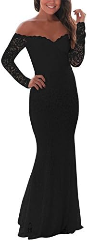 Leindr Women's Off Shoulder V Neck Lace Floor Length Evening Party Dress Long Sleeve Crochet Mermaid Maxi Dress Black M 8 10
