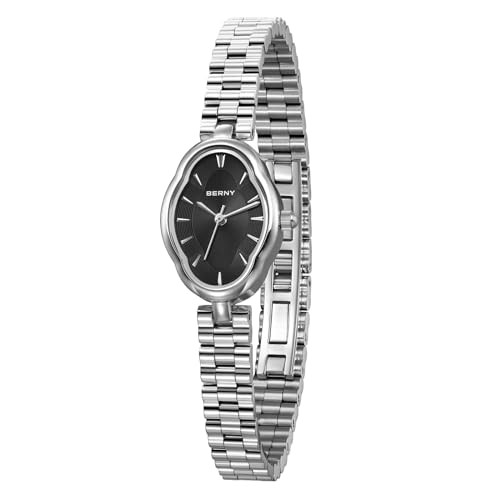 BERNY Silver Watches for Women Dainty Ladies Wristwatch Vintage Copper Mirrors Shape Japanese Quartz Movement 3ATM Waterproof All Stainless Steel Fashion Female Wrist Watch Birthday Gifts