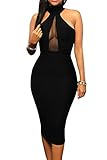 LOV ANNY Womens Hollow Out Sexy Sheer Sleeveless Halter Club Bodycon Dress, Black, Small