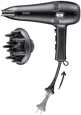 Haartrockner mit Kabeleinzug, leistungsstarker Föhn mit Kaltlufttaste, inkl. Diffusor und Düse, 3 Heiz- & 2 Leistungsstufen, 1,8m Kabel, 2.100 Watt, schwarz, HT 0165