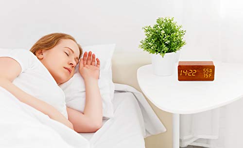 image for AHOMATE Digital Alarm Clock, Wood LED Adjustable Brightness Voi