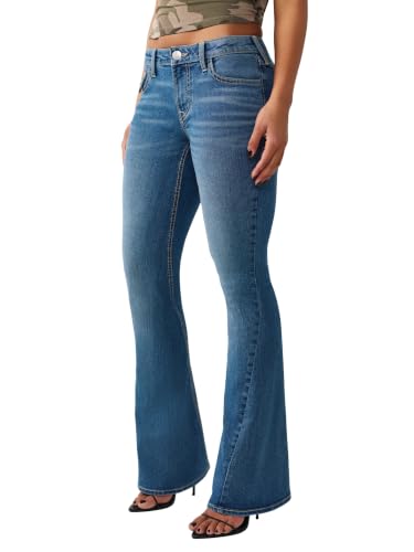 True Religion Women's Joey Single Needle Mid Rise Flap Flare, Blue, 29