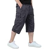 FUKZTE Men's Cotton Linen Shorts - Below Knee Capri Length, Loose Fit, Elastic Drawstring Waist - Black - View #7