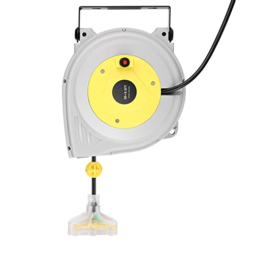 30FT + 9.5FT Retractable Extension Cord Reel, 16 Gauge Power Cord Reel, Ceiling/Wall Mounted Electric Cord Reel with Grounded Triple Tap Outlet + 10A Circuit Breaker + UL Listed
