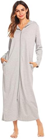 Lufore Women Hooded Sleepwear Zipper Soft Bathrobe Loungewear with Pockets Grey, M