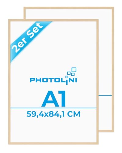 PHOTOLINI Bilderrahmen A1 Holz MDF, DIN A1 Bilderrahmen Natur, 2er Set Poster Rahmen 59,4x84,1 cm, Posterrahmen 60x84 mit bruchsicherem Acrylglas, zum Aufhängen