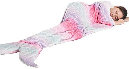 BabYoung Mermaid Tail Blanket for Girls Teens Adults Women Plush Soft Flannel Fleece Bed Blanket for Office Lunch Break Rainbow Color Fish Tails Design 62โร30.7โ