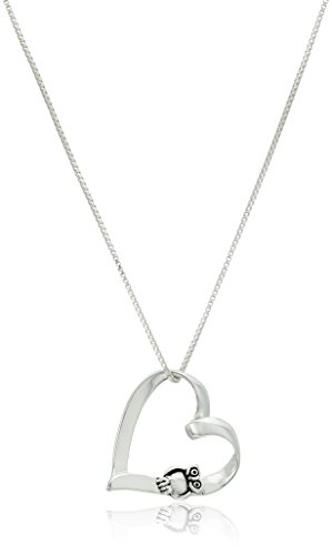 Sterling silver open heart pendant necklace with owl, 18"
