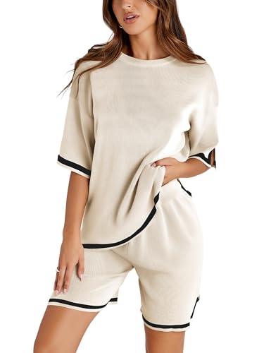 Tanming Womens Two Piece Outfits Sweater Short Sets Knit Tops and Shorts Lounge Sets Tracksuits(Apricot-M)