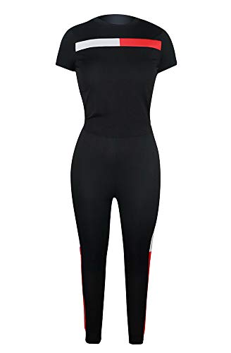Womens Sexy Sports Outfit Set Short Sleeve Crop Shirt Bodycon Pants Joggers Clubwear Tracksuit Set Black L
