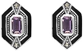 Esse Marcasite Sterling Silver Amethyst and Black Enamel Art Deco Hexagon Earrings