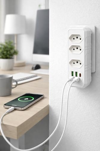Extensão Elétrica/Benjamin com 3 Tomadas, 2 USB + USB-C – Régua de Energia e Adaptador de Tomada Premium