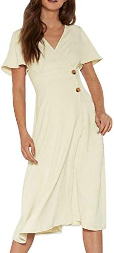 Aotifu Women's Casual Short Sleeve Loose T-Shirt Long Dress Solid Casual V-Neck Short Sleeve Midi Beach Dress