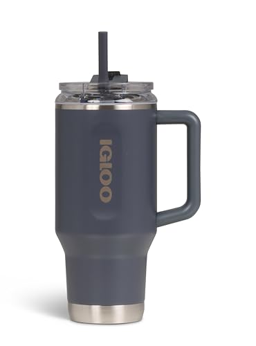 IGLOO Thermobecher Travel Mug 32 – 900 ml Edelstahl Isolierbecher mit Strohhalm, anthrazit, auslaufsicher, Kohlensäure geeignet, hält Getränke 12h heiß & 48h kalt, BPA-frei, ideal für unterwegs