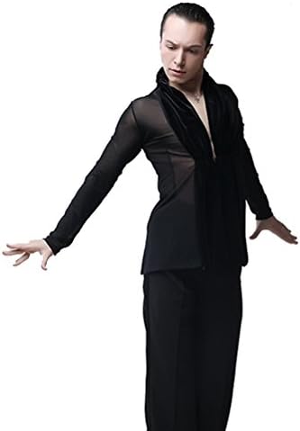 Men Black Sexy Velvet V Neck Slim Perspective Gauze Ballroom Latin Dance Shirt Not Include Trousers (Black, L)
