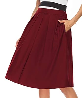 REGAI Women's High Waist Flared Skirt Pleated Midi Skirt with Pocket