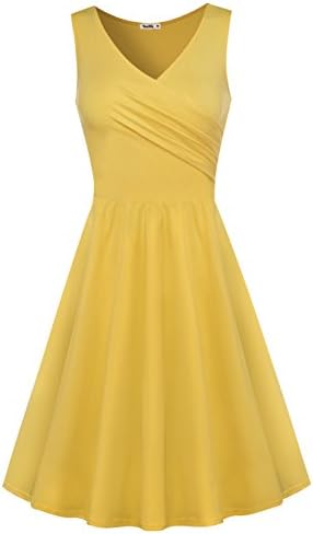Yeslife Women's V-Neck Waist Sleeveless Summer Casual Midi Dress Yellow S