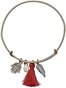 Locas Biju Handmade Zamak Color Copper with "Hand of Fatima (Hamsa)", Pendants and Pompon Bangle Bracelet