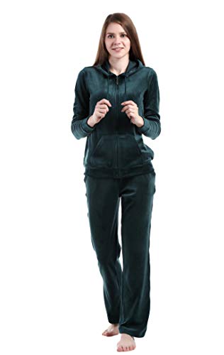 Dolcevida Women's Active Solid Velour Tracksuit Zip up Hoodie & Pullover Sweatshirts and Sweat Pant Sweatsuit (Green, XL)